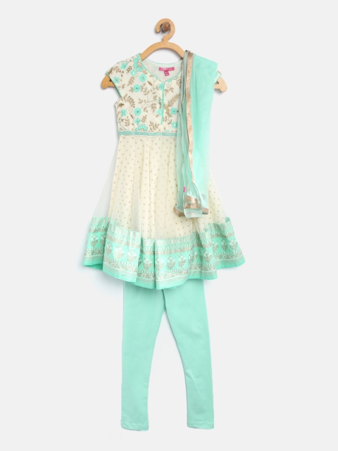 

Biba Girls Off-White & Blue Embroidered Kurta with Churidar & Dupatta