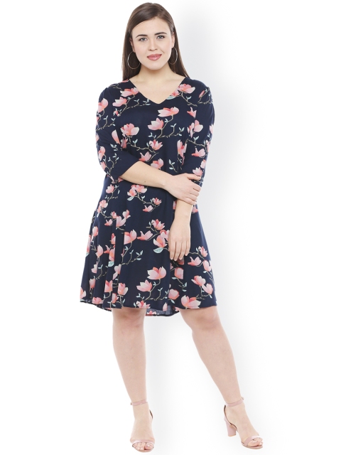 

JUNAROSE Plus Size Women Navy Blue Pink Printed A-Line Dress