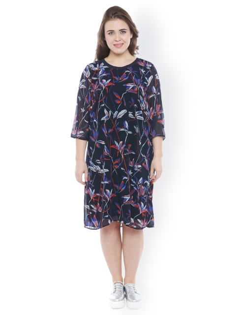 

JUNAROSE Plus Size Women Navy Blue Printed Shift Dress