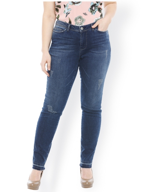 

JUNAROSE Plus Size Women Navy Blue Mid-Rise Slim Fit Low Distress Stretchable Jeans