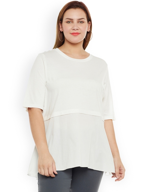 

JUNAROSE Plus Size Women White Solid High-Low Pure Cotton Top