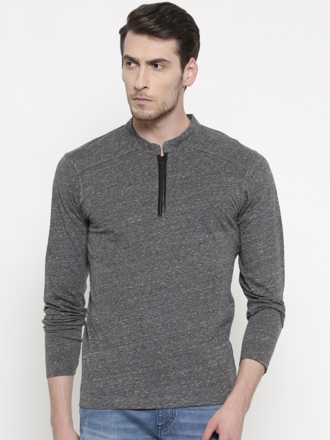 

Slub Men Charcoal Grey Slim Fit Solid Mandarin Collar T-shirt