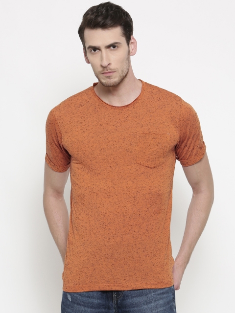 

Slub Men Rust Orange Slim Fit Self Design Round Neck T-shirt