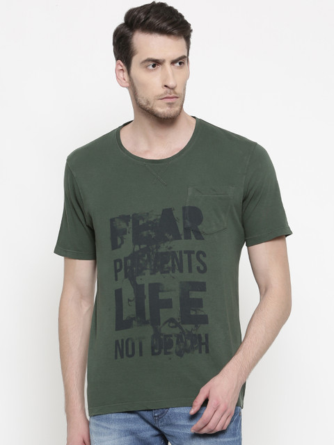 

Slub Men Green Printed Round Neck Pure Cotton T-shirt