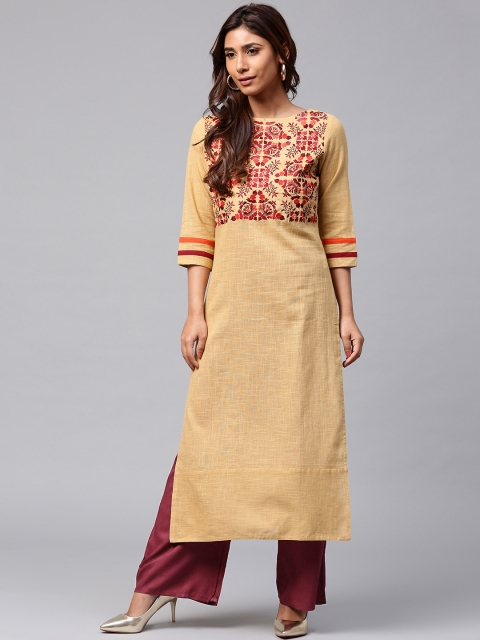 

Jaipur Kurti Women Beige & Burgundy Yoke Design Kurta with Palazzos