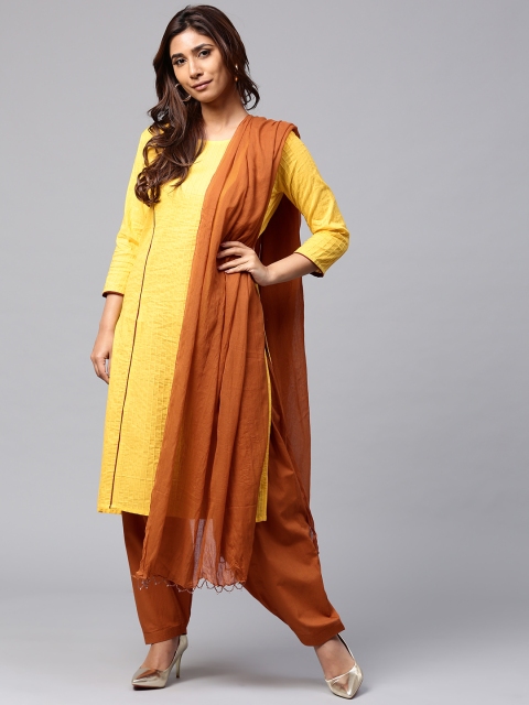 

Jaipur Kurti Women Yellow & Brown Solid Kurta with Salwar & Dupatta