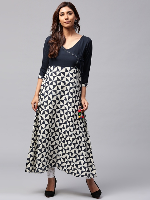 

Jaipur Kurti Women Navy & Off-White Printed Angrakha Style A-Line Kurta, Navy blue