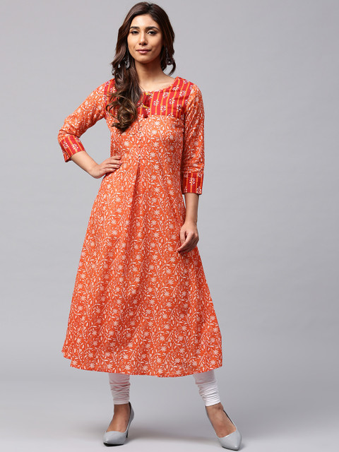 

Jaipur Kurti Women Orange & White Printed A-Line Kurta