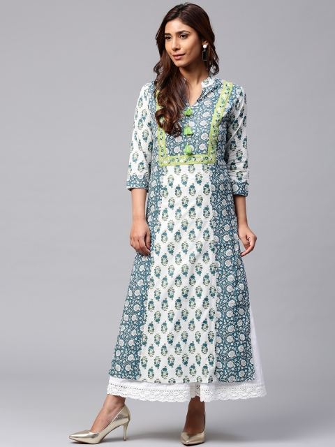 

Jaipur Kurti Women White & Blue Printed A-Line Kurta