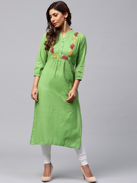 

Jaipur Kurti Women Green Self-Striped Straight Kurta
