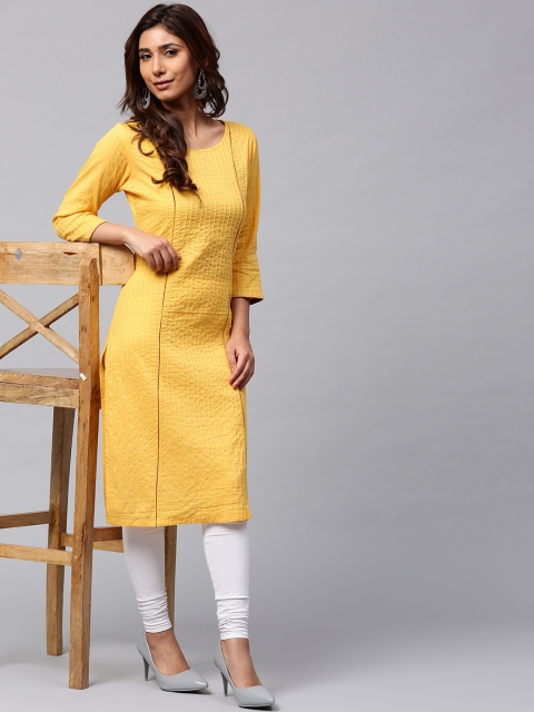 

Jaipur Kurti Women Yellow Self-Striped Straight Kurta