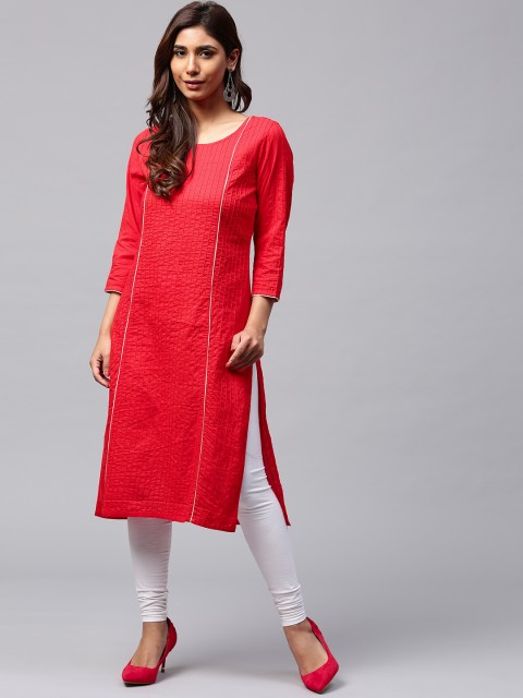 

Jaipur Kurti Women Red Solid Pintuck Detail Straight Kurta