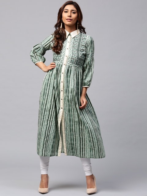 

Jaipur Kurti Women Green & Off-White Striped A-Line Kurta