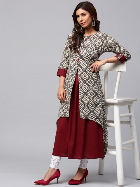 

Jaipur Kurti Women Maroon & Beige Printed Layered A-Line Kurta