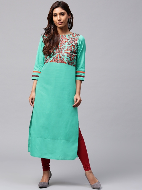 

Jaipur Kurti Women Green Embroidered Detail Straight Kurta