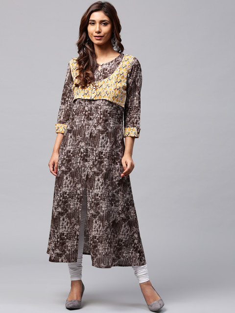 

Jaipur Kurti Women Coffee Brown Printed A-Line Kurta with Ethnic Jacket