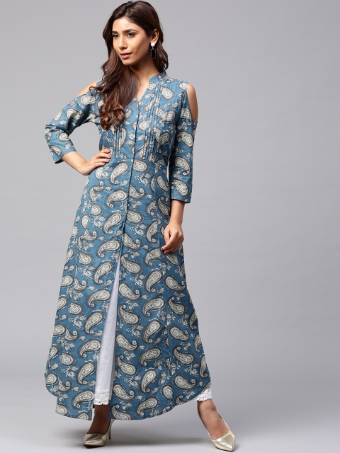 

Jaipur Kurti Women Blue & Off-White Cold Shoulder Printed A-Line Kurta