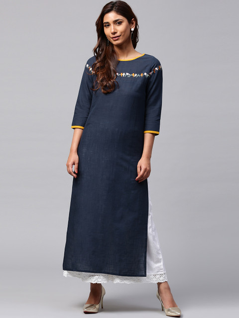 

Jaipur Kurti Women Navy Blue Solid Straight Kurta