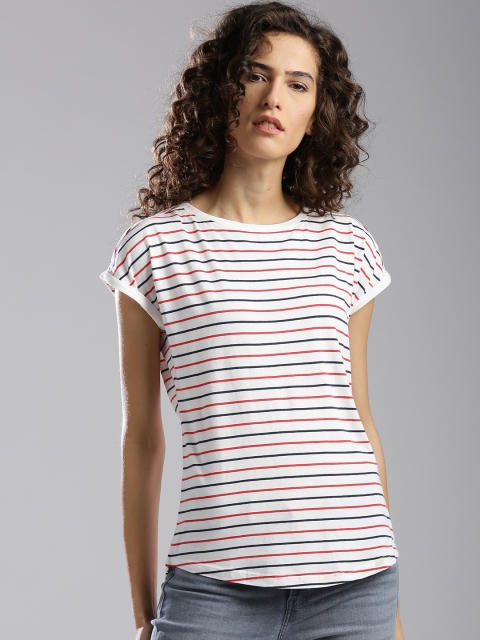 

Levis Women White & Red Striped Round Neck T-shirt