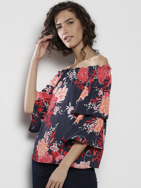 

DOROTHY PERKINS Women Navy Blue & Red Floral Print Bardot Top