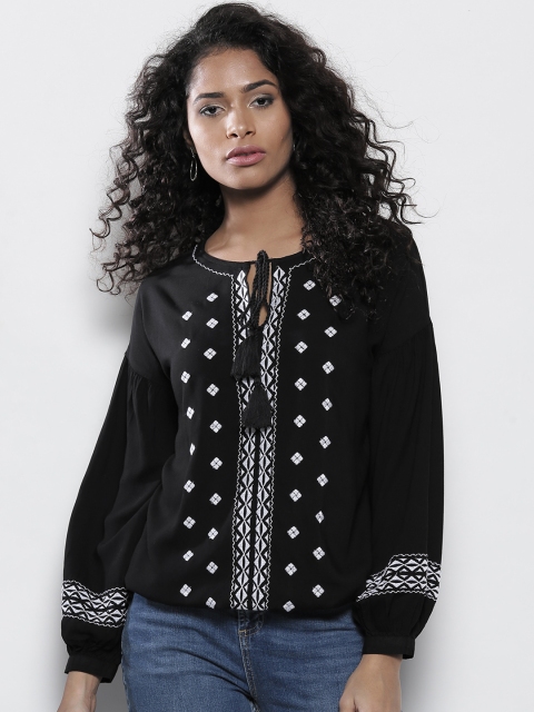 

DOROTHY PERKINS Women Black Embroidered Blouson Top