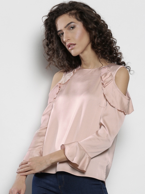 

DOROTHY PERKINS Women Petite Peach-Coloured Self-Design Cold Shoulder Top