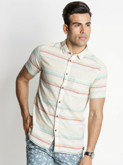

Urban Ranger by pantaloons Men Beige Classic Slim Fit Striped Casual Shirt