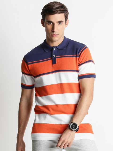 

Spiritus by pantaloons Men Orange Striped Polo Collar T-shirt