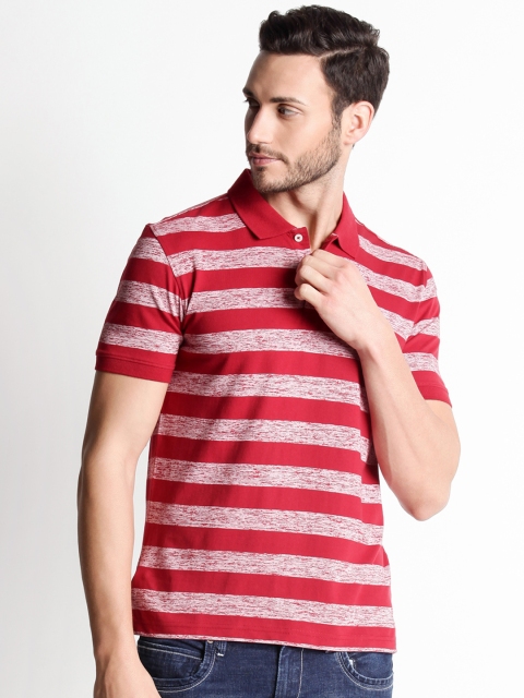 

Spiritus by pantaloons Men Maroon & Off-White Striped Polo Collar T-shirt