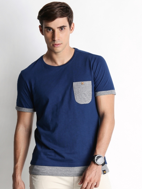 

Urban Ranger by pantaloons Men Navy Solid Slim Fit Round Neck Pure Cotton T-shirt, Navy blue