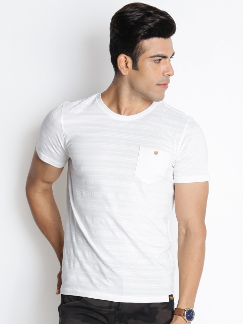 

Urban Ranger by pantaloons Men White Striped Round Neck Pure Cotton T-shirt