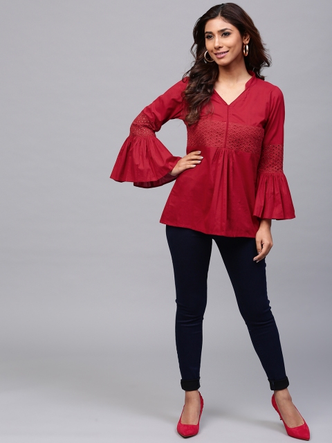 

AKS Maroon Solid Schiffli Embroidered Tunic