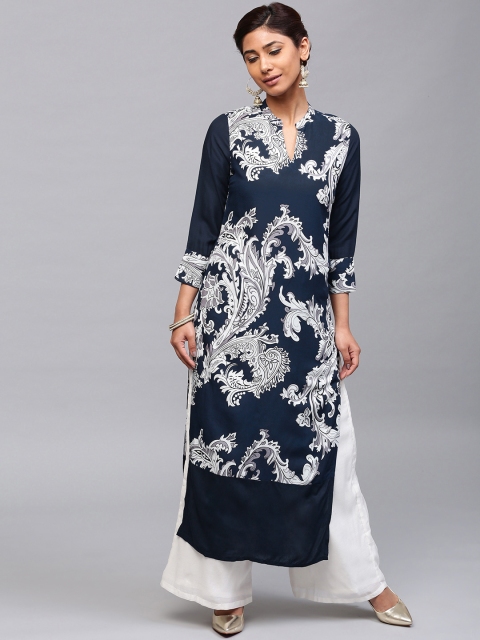 

AKS Women Navy & White Printed Straight Kurta, Navy blue