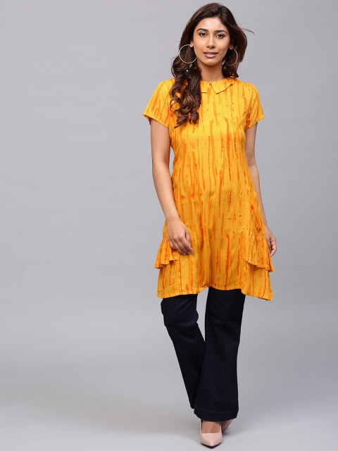 

AKS Women Mustard Yellow & Orange Printed A-Line Kurta