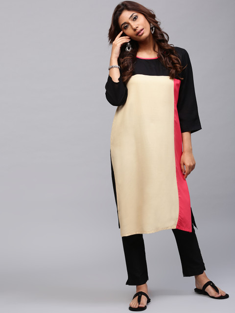 

AKS Women Beige & Black Colourblocked Straight Kurta
