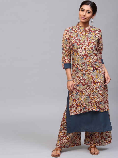

AKS Women Maroon & Beige Kalamkari Print Layered Straight Kurta