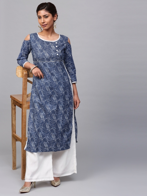 

AKS Women Navy & White Printed Straight Kurta, Navy blue