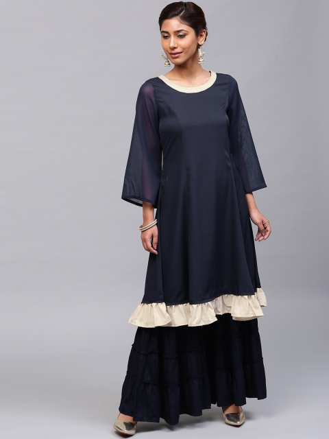 

AKS Women Navy Solid A-Line Kurta with Frills, Navy blue