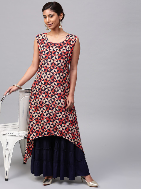 

AKS Women Red & Beige Printed A-Line Kurta