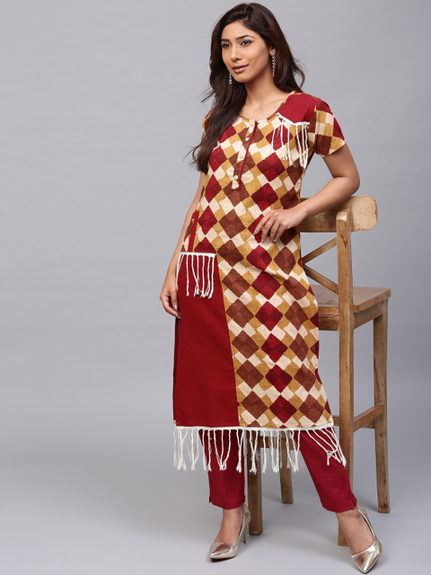 

AKS Women Maroon & Beige Printed Fringed Straight Kurta
