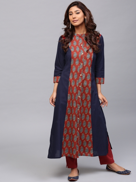 

AKS Women Navy & Maroon Printed A-Line Kurta, Navy blue