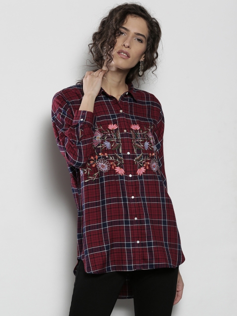 

DOROTHY PERKINS Women Maroon & Navy Checked Casual Shirt