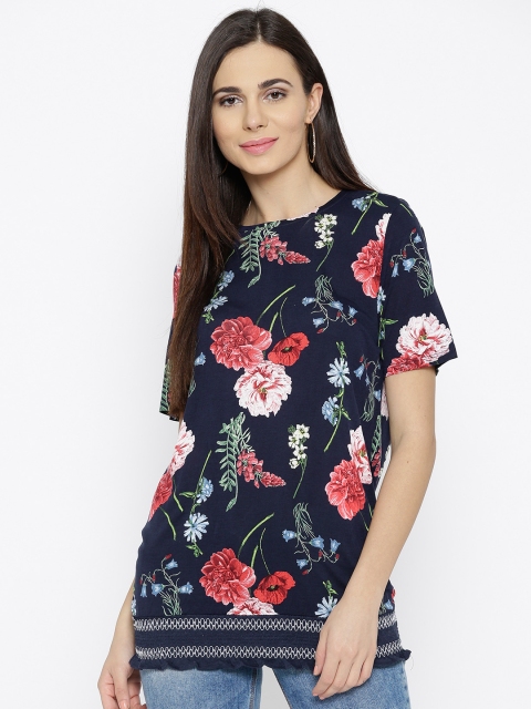 

DOROTHY PERKINS Women Navy Blue Floral Print Blouson Top