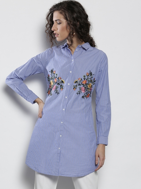 

DOROTHY PERKINS Women Blue & White Striped Longline Shirt Style Top