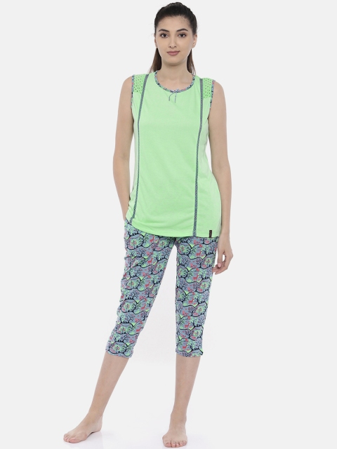 

MADAME M SECRET Women Green & Blue Solid Night suit
