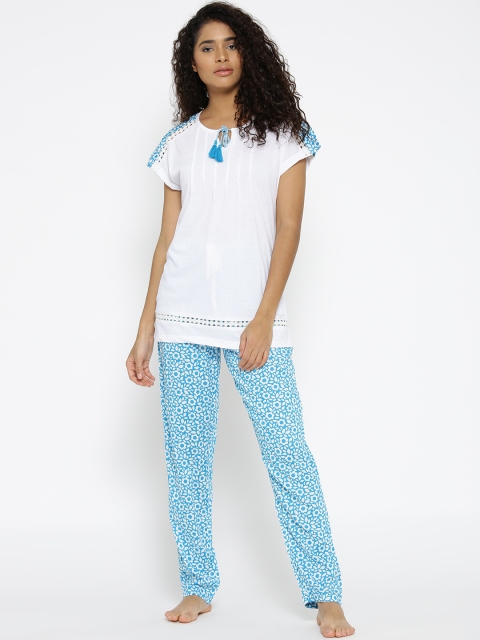 

MADAME M SECRET Women White & Blue Solid Night Suit