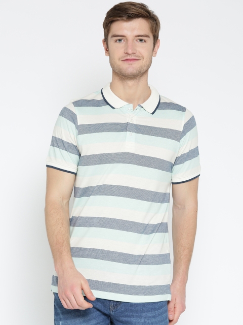 

American Crew Men Blue & Off-White Striped Polo Collar T-shirt
