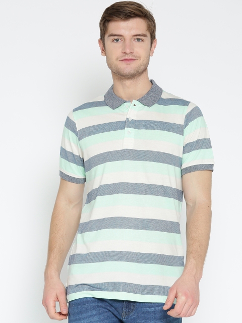 

American Crew Men Blue & Off-White Striped Polo Collar T-shirt