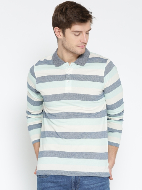 

American Crew Men Blue & Off-White Striped Polo Collar T-shirt