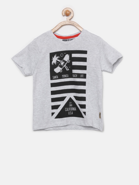 

Flying Machine Boys Grey Melange Printed Round Neck T-shirt